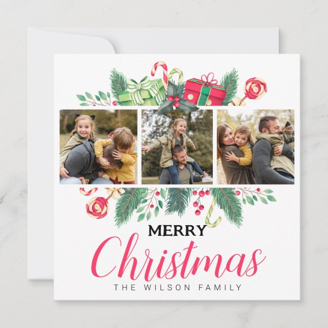 Tarjeta Festiva Cuta acuarela deja fotos de la familia navideña (Anverso)