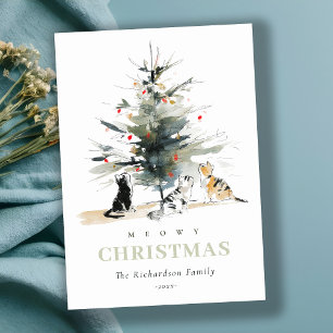 Tarjeta Festiva Cuta acuarela moderna Meowy Cats de árbol de Navid