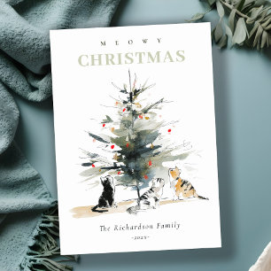 Tarjeta Festiva Cuta acuarela moderna Meowy Cats de árbol de Navid