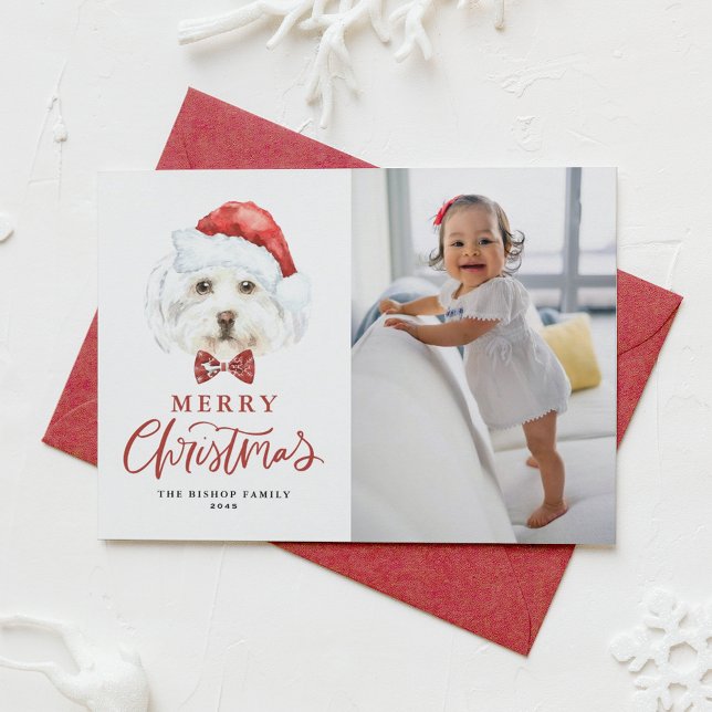 Tarjeta Festiva Cuta acuarela Santa Maltese Dog Photo Navidades (Subido por el creador)