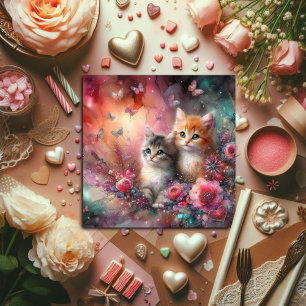 Tarjeta Festiva Cuta colorida color de agua gatos Flores Valentine