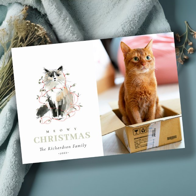 Tarjeta Festiva Cuta foto acuarela Meowy Navidades enciende gato (Subido por el creador)