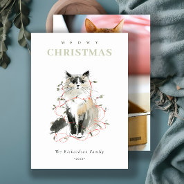 Tarjeta Festiva Cuta foto acuarela Meowy Navidades enciende gato