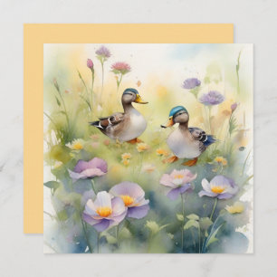 Tarjeta Festiva Cute acuarela Duck N Wildflowers Blank