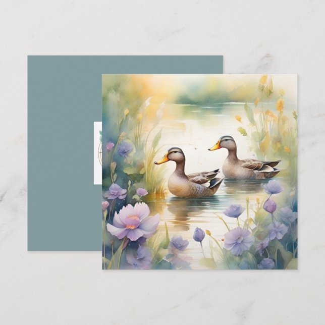 Tarjeta Festiva Cute acuarela Duck N Wildflowers Blank (Anverso / Reverso)