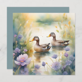 Tarjeta Festiva Cute acuarela Duck N Wildflowers Blank