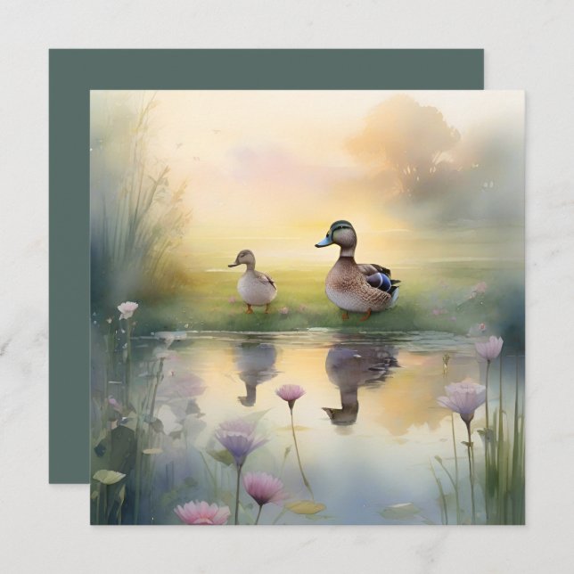 Tarjeta Festiva Cute acuarela Duck Reflection Blank (Anverso / Reverso)