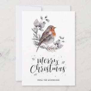 Tarjeta Festiva Cute acuarela Robin Navidades nevados con pájaro