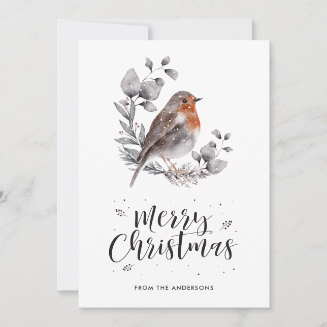 Tarjeta Festiva Cute acuarela Robin Navidades nevados con pájaro (Anverso)