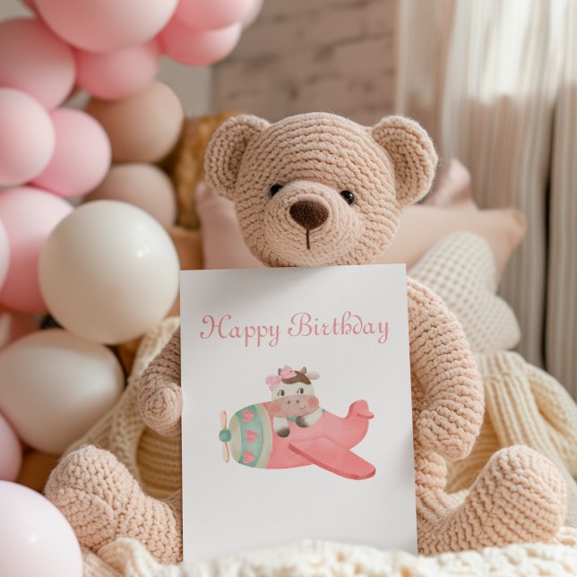 Tarjeta Festiva Cute acuarela Vaca y Avión Cumpleaños Brillante (Subido por el creador)