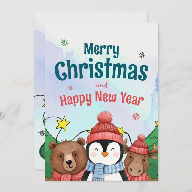 Tarjeta Festiva Cute Animal Watercolor Christmas Blue color (Anverso / Reverso)