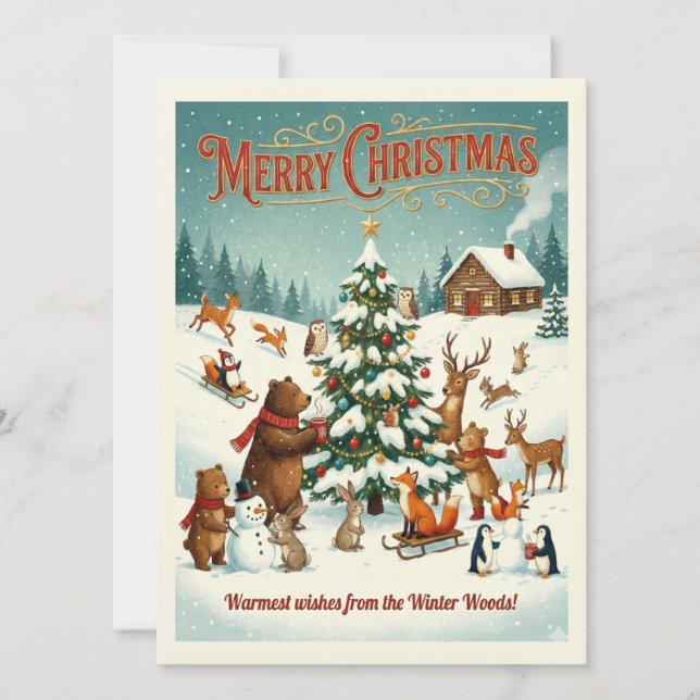 Tarjeta Festiva  Cute Animals Celebrating Christmas in Snow (Anverso)