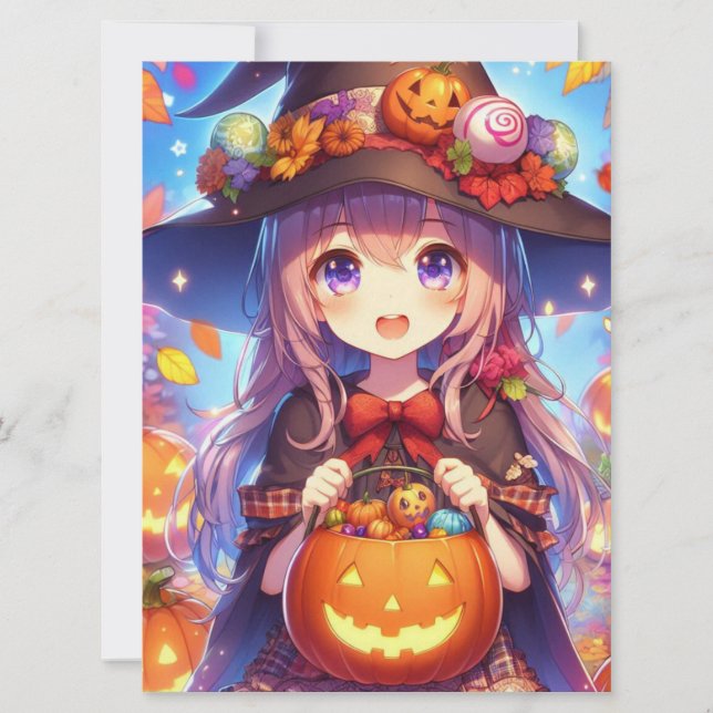 Tarjeta Festiva Cute Anime Halloween Witch (Anverso)