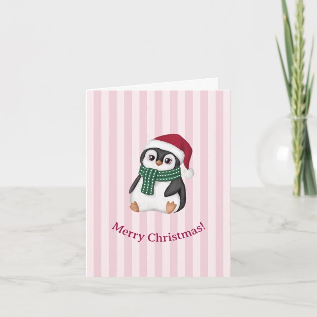 Tarjeta Festiva Cute Baby Penguin Wearing Santa Hat Christmas (Anverso)