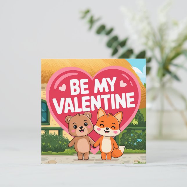 Tarjeta Festiva Cute Be my Valentine couple (Anverso de pie)