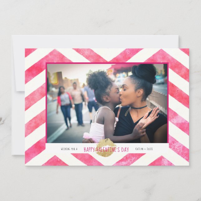 Tarjeta Festiva Cute Be Pink Chevron Gold Kiss El día de San Valen (Anverso)