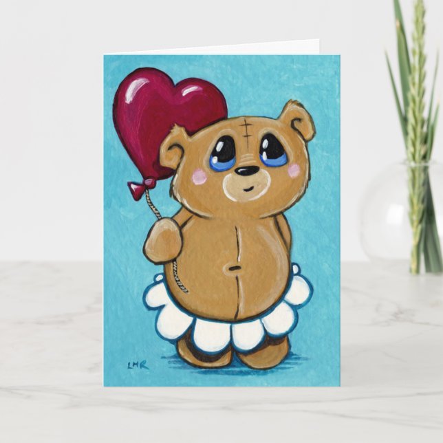 Tarjeta Festiva Cute Bear Holding Heart Balloon Card (Anverso)
