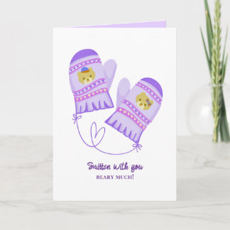 Tarjeta Festiva Cute Bear Love Purple Mittens Valentine's Day Card