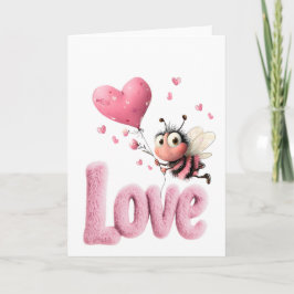 Tarjeta Festiva Cute Bee Fluffy Pink Love Heart Balloon Design
