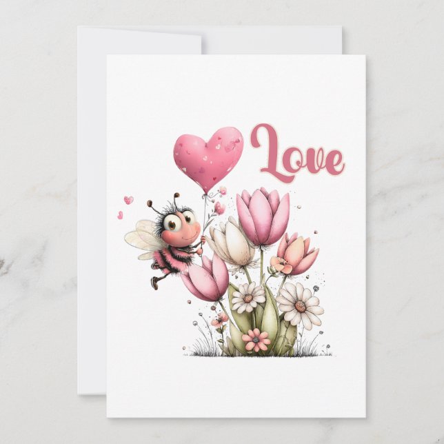Tarjeta Festiva Cute Bee Love Heart & Floral  (Anverso)