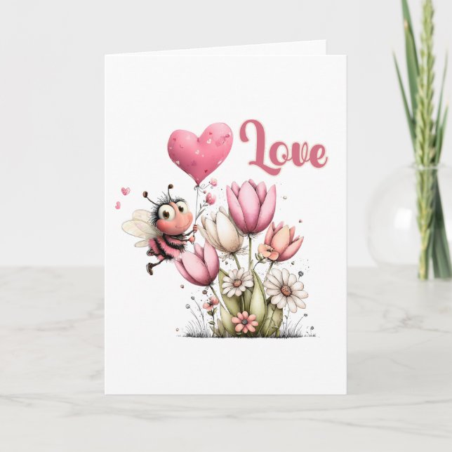 Tarjeta Festiva Cute Bee Love Heart & Floral  (Anverso)