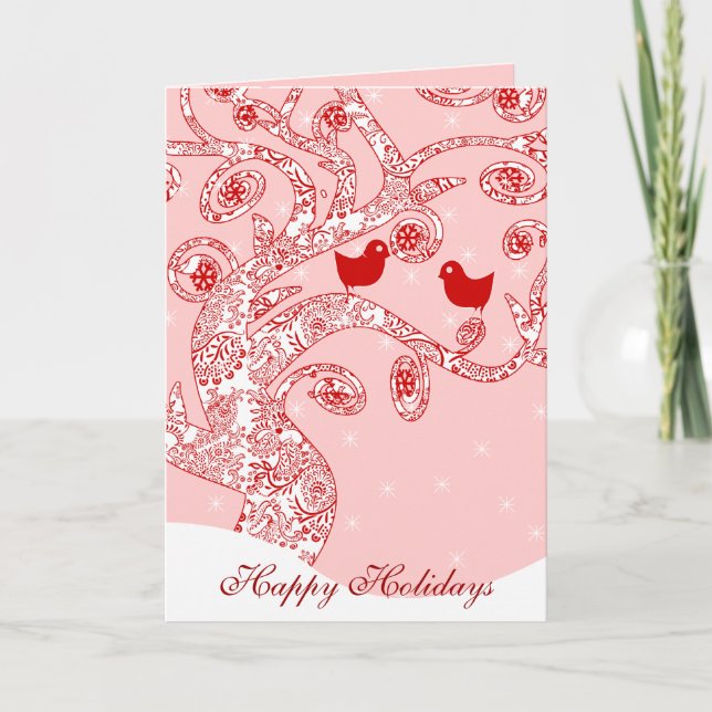 Tarjeta Festiva Cute Birds Damask Swirl Tree Stars Happy Holidays (Anverso)