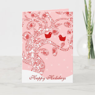 Tarjeta Festiva Cute Birds Damask Swirl Tree Stars Happy Holidays