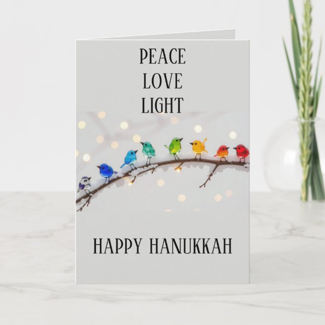 Tarjeta Festiva Cute Birds Peace Love Light Hanukkah (Anverso)