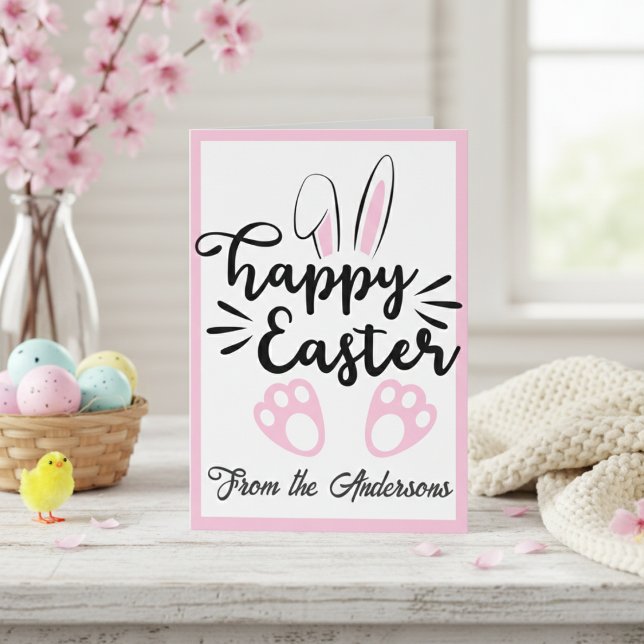 Tarjeta Festiva Cute Black and Pink Bunny Happy Easter Custom (Cute Black and Pink Bunny Happy Easter Custom Holiday Card)