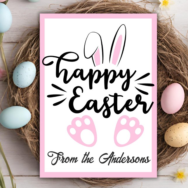 Tarjeta Festiva Cute Black and Pink Bunny Happy Easter Custom (Cute Black and Pink Bunny Happy Easter Custom Holiday Card)