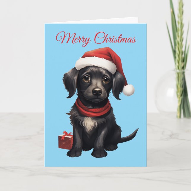 Tarjeta Festiva Cute Black Dog at Christmas (Anverso)