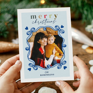 Tarjeta Festiva Cute Blue Adorno Navideño Corazón Marco Foto