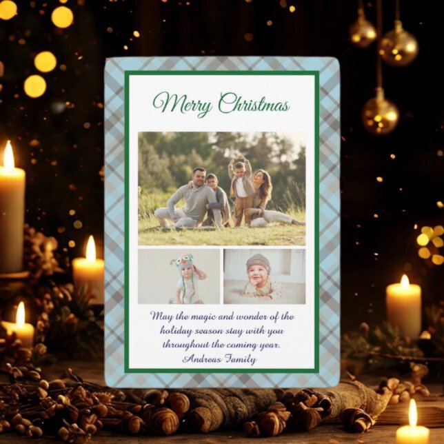 Tarjeta Festiva Cute Blue Plaid Portrait Photo Christmas  (Subido por el creador)