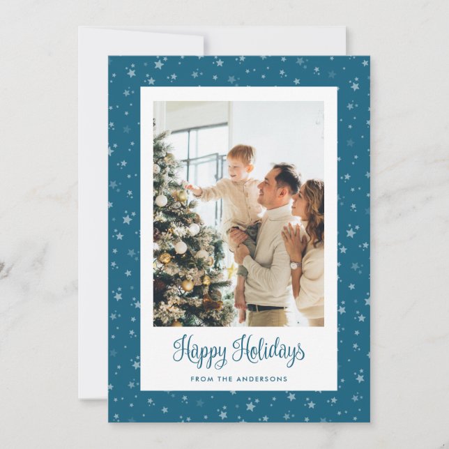 Tarjeta Festiva Cute Blue Starry Photo Happy Holidays (Anverso)