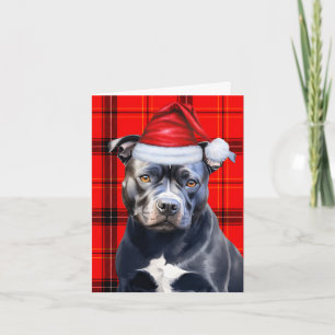 Tarjeta Festiva Cute Bluenose Pitbull Santa Dog Red Plaid
