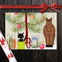 Tarjeta Festiva Cute Brown Horse and Kitten Barn Navidades