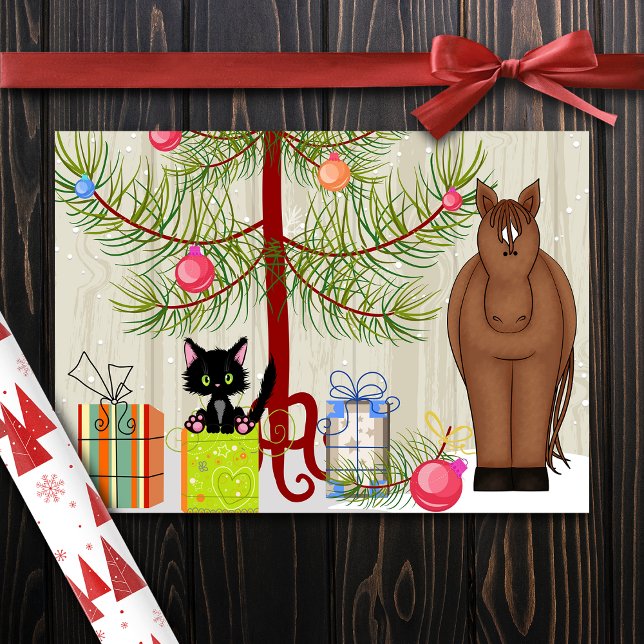 Tarjeta Festiva Cute Brown Horse and Kitten Barn Navidades (Subido por el creador)