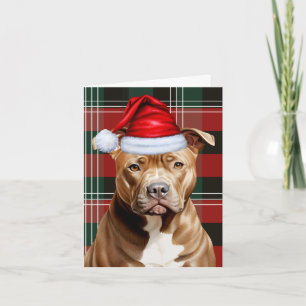 Tarjeta Festiva Cute Brown Pitbull Santa Dog Red Green Plaid