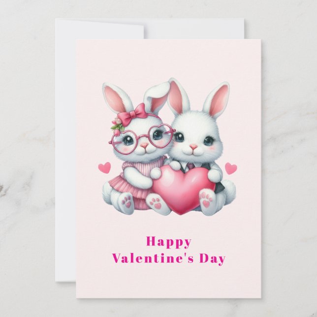 Tarjeta Festiva Cute Bunnies Sharing a Heart Valentine's (Anverso)