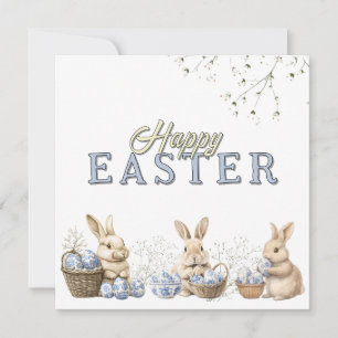Tarjeta Festiva Cute Bunnies & Toile Blue Easter Eggs