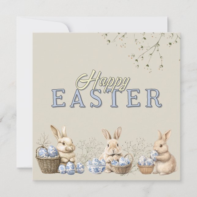 Tarjeta Festiva Cute Bunnies & Toile Blue Easter Eggs (Anverso)