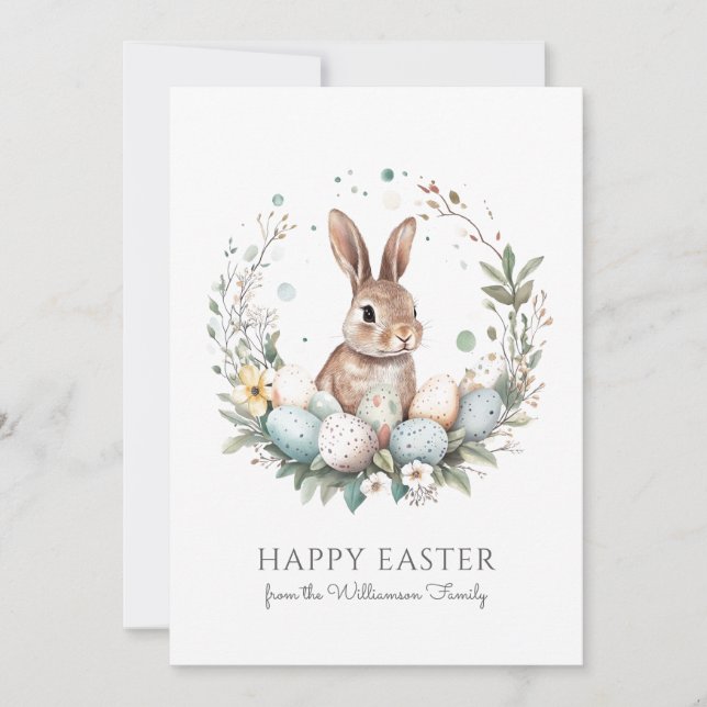 Tarjeta Festiva Cute Bunny Eggs Garland Wreath Personalized Easter (Anverso)