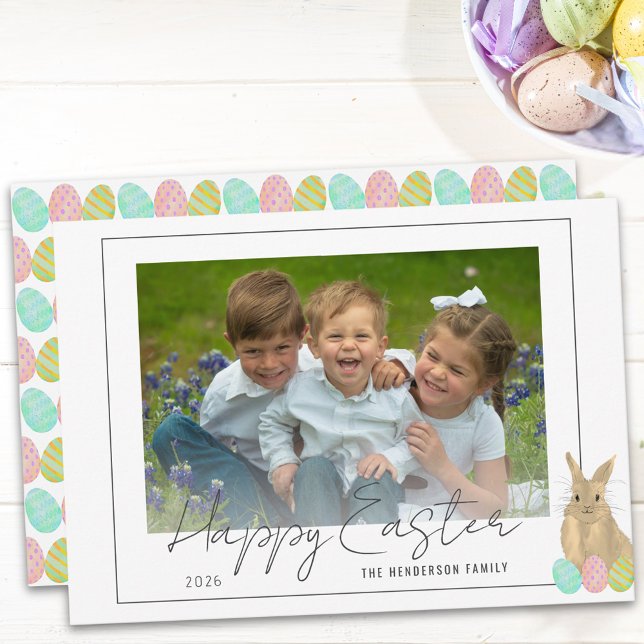 Tarjeta Festiva Cute Bunny Happy Easter Photo (Watercolor Easter bunny and eggs happy Easter photo holiday flat card)