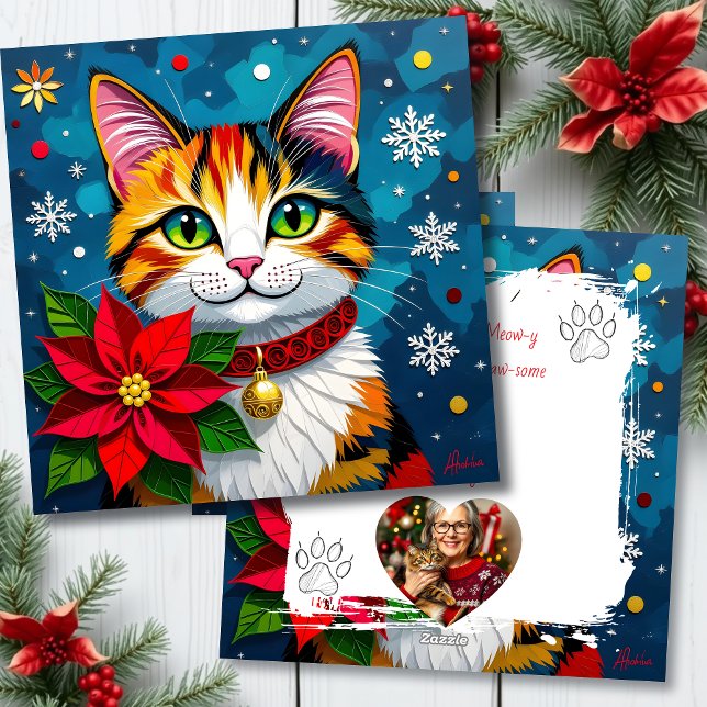 Tarjeta Festiva Cute Calico Cat with Poinsettias Custom Christmas (Subido por el creador)