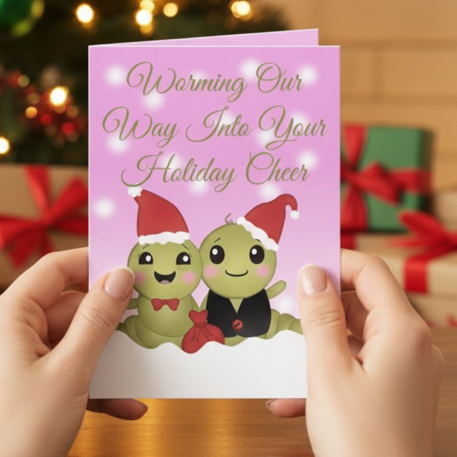 Tarjeta Festiva Cute Cartoon Character Pink Christmas  (Festive pun card for friends, teens, or coworkers.)