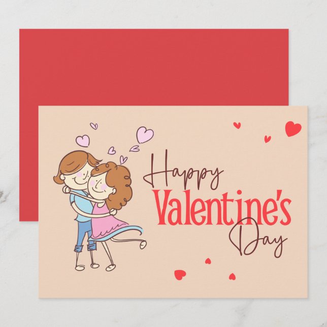 Tarjeta Festiva Cute Cartoon Couple Hugging Happy Valentine's Day  (Anverso / Reverso)