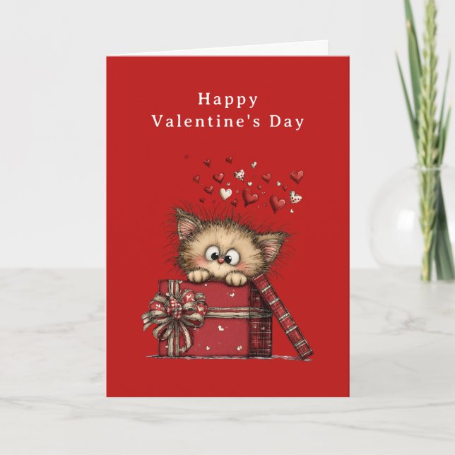 Tarjeta Festiva Cute Cartoon Kitten with Hearts Valentine's Day (Anverso)