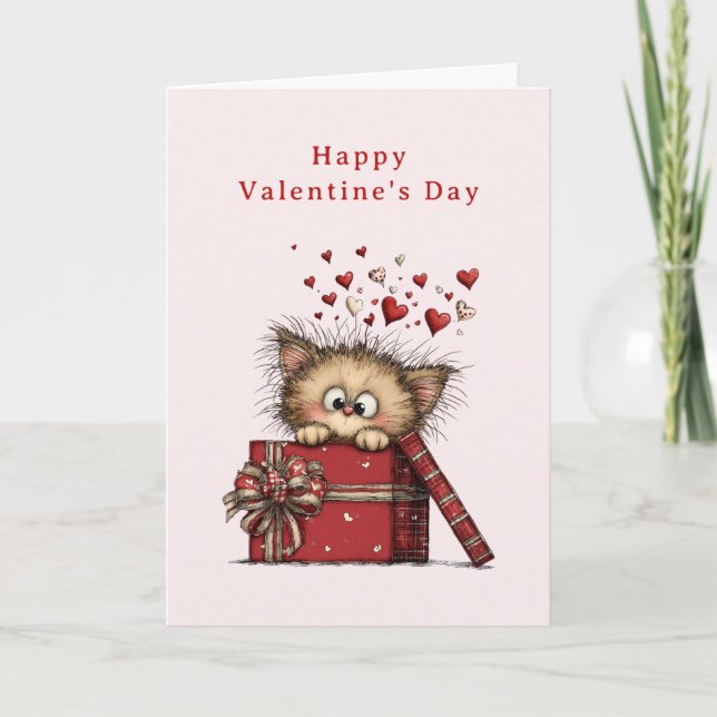 Tarjeta Festiva Cute Cartoon Kitten with Hearts Valentine's Day (Anverso)