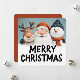 Tarjeta Festiva Cute Cartoon Santa Reindeer Snowman Merry Xmas