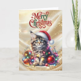 Tarjeta Festiva Cute Cat and String Lights Christmas